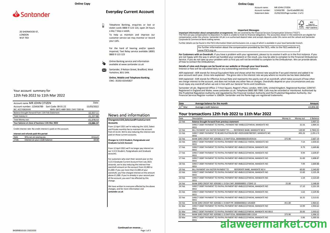 United Kingdom Santander bank statement Word and PDF template, 3 pages, version 2
